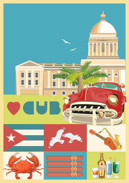 Cuba attraction and sights - travel postcard concept. Vector illustration with traditional Cuban architecture, colourful buildings, car, guitar, cigars, cocktail, flag. Design elements for poster.