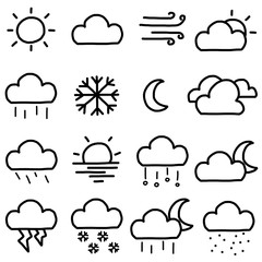 weather symbols, icons set / cartoon vector and illustration, hand drawn style, black and white, isolated on white background.