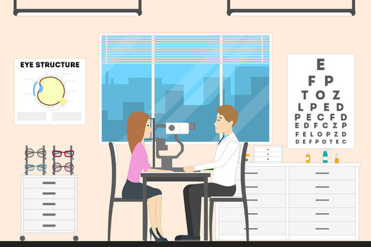 Oculist at clinic. Doctor examines a woman.