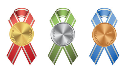 Ribon medals set on white background. Golden, silver and bronze.