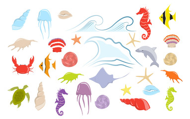 Naklejka premium Sea animals set on white background. Starfish and fish, octopus and crab and more.