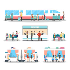 Railway station interior set. Buying tickets, waiting room and traveling on train. Isolated illustrations on white background.