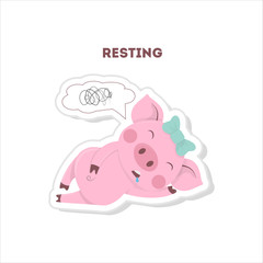 Resting pig sticker. Isolated cute sticker on white background.