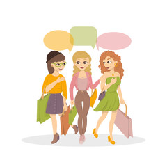 Girls go for shopping. Three beautiful women with shopping bags. Colorful speech bubbles.