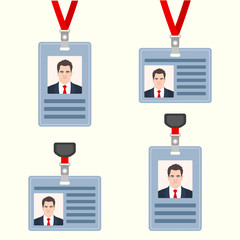 Id card with men picture set. Badges with neck lanyard and clip. Vector illustration.