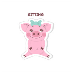 Sitting pig sticker. Isolated cute sticker on white background.