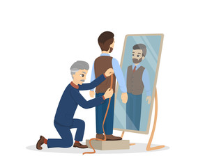 Sewing at atelier. Man making clothes at the tailor on the white background.