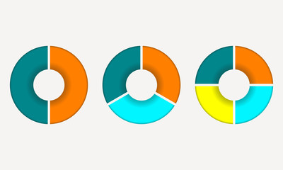 Circle chart. Round pie chart template. Circle infographics concept with 2,3 and 4 steps, parts, levels or options. Colorful vector illustration.