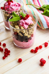 healthy Breakfast of cottage cheese , currants and roasted oat flakes