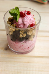 healthy Breakfast of cottage cheese , currants and roasted oat flakes