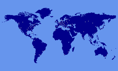 World map with city lights. Blue Earth map with glowing dots. Vector illustration.