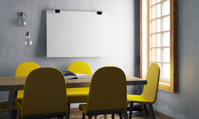 Mock up poster in interior with dining area. living room hipster style.