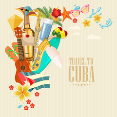 Cuba attraction and sights - travel postcard concept. Vector illustration with traditional Cuban architecture, colourful buildings, car, guitar, cigars, cocktail, flag. Design elements for poster. - 143800478