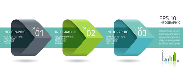 Infographic arrows with 3 step up options and glass elements. Vector template in flat design style