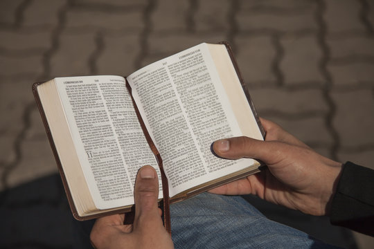 Young man holding and reading holy bible