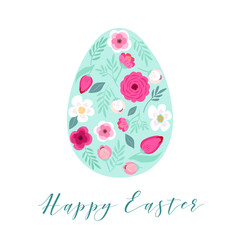 Beautiful vintage Happy Easter card as egg shaped frame with hand drawn first spring flowers