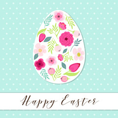 Beautiful vintage Happy Easter card as egg shaped frame with hand drawn first spring flowers