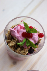 healthy Breakfast of cottage cheese , currants and roasted oat flakes