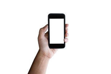 Man hand holding horizontal the black smartphone with blank screen, isolated on white background.