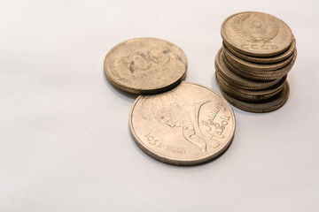 Russian ancient coins. Coins of the USSR. Coins on a white background.