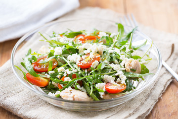 arugula salad with boiled chicken and goat cheese
