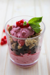 healthy Breakfast of cottage cheese , currants and roasted oat flakes