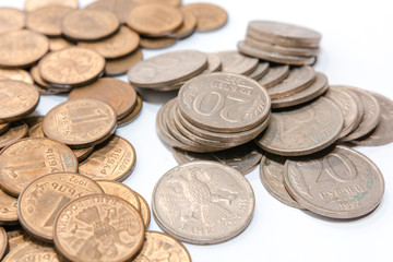 Russian ancient coins. Coins of the USSR. Coins on a white background.