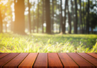 Selected focus empty wooden table and view of green forest blur background with bokeh image. for your photomontage or product display.