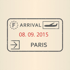 Paris passport stamp. Travel by plane visa or immigration stamp. Vector illustration.