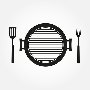 BBQ and Grill icon with oven, barbecue fork and spatula. Vector illustration.