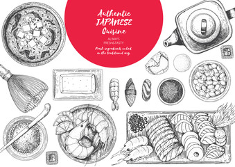 Japanese food menu restaurant. Asian food poster. Vector illustration top view.