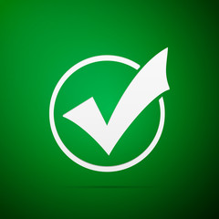 Check list button icon. Check mark in round sign flat icon on green background. Vector Illustration