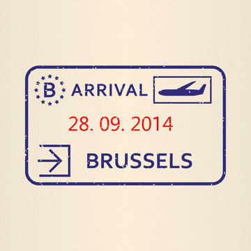 Brussels passport stamp. Travel by plane visa or immigration stamp. Vector illustration.