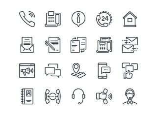 Contact us. Set of outline vector icons. Includes such as Operator, Support, Social and other. Editable Stroke. 48x48 Pixel Perfect.