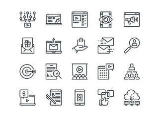Digital Marketing. Set of outline vector icons. Includes such as Viral video, E-commerce, Analytics and other. Editable Stroke. 48x48 Pixel Perfect.