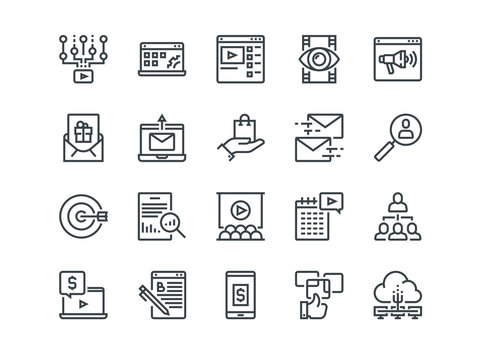 Digital Marketing. Set of outline vector icons. Includes such as Viral video, E-commerce, Analytics and other. Editable Stroke. 48x48 Pixel Perfect.