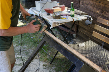 Belt sander, wood work, wooden table, abrade the color vanish, vanish, chippings, milling waste