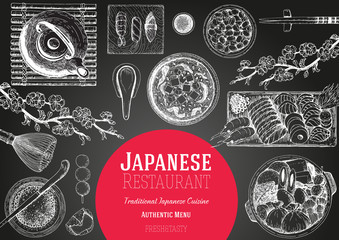 Obraz na płótnie Canvas Japan food menu restaurant. Asian food poster. Vector illustration top view.