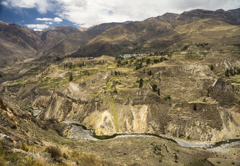 Agricultural terraces and Colca river. Arequipa, Peru