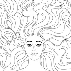 The girl lies on her back. A beautiful girl looks at you. Lush hair. Freehand sketch for adult anti stress coloring book page.