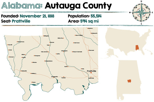 Large and detailed map of Autauga County in Alabama.