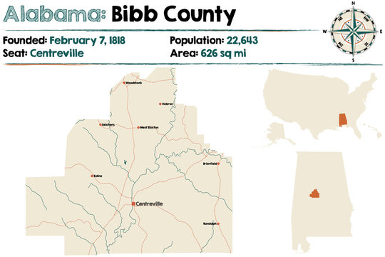 Large and detailed map of Bibb County in Alabama.