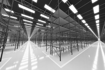 design element. 3D illustration. rendering. black and white empty warehouse