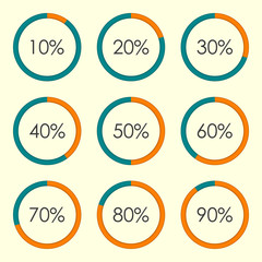 Circle diagram set with percentage. Pie chart infographics template. 10 20 30 40 50 60 70 80 90 percent. Vector illustration.