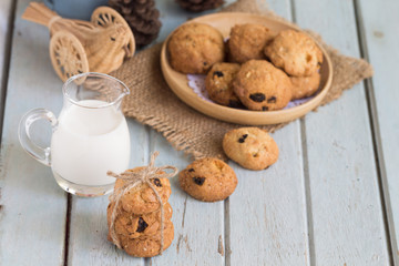 Oatmeal Raisin Cookies on a Plate with Glass of Milk