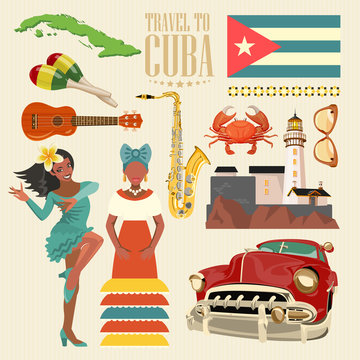 Cuba attraction and sights - travel postcard concept. Vector illustration with traditional Cuban architecture, colourful buildings, car, guitar, cigars, cocktail, flag. Design elements for poster.