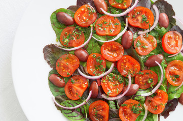 flat salad of cherry tomatoes, kalamata olives, red onion, and mangold leafs dressed with olive oil, lemon juice and finly chopped parsley