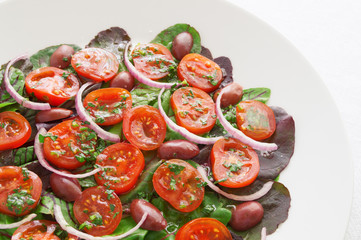 green salad with tomatoes, olives, and red onion dressed with olive oil and lemon juice