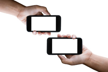 Two hands holding horizontal the black smartphone with blank screen, isolated on white background.