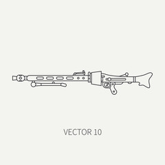 Line flat plain vector military icon - machine gun. Army equipment and armament. Legendary retro weapon. Cartoon style. Assault. Soldiers. War. Illustration and element for your design and wallpaper.